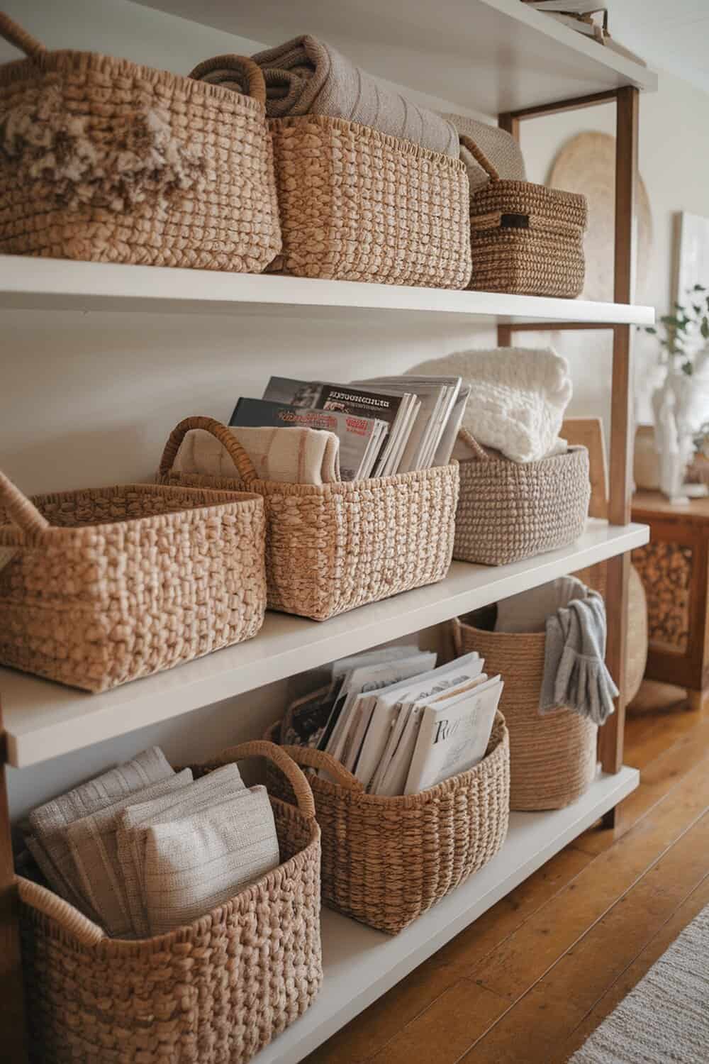 A shelf filled with woven baskets containing blankets and magazines.