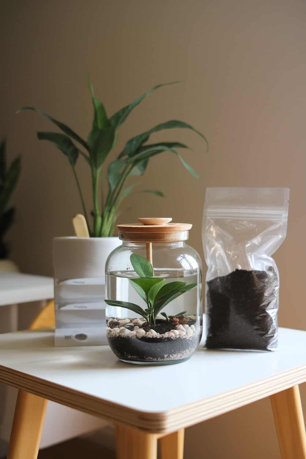 A DIY terrarium kit with a glass container, plant, and soil on a table.