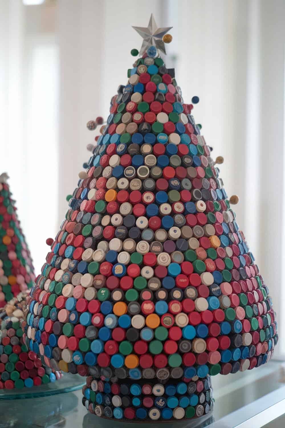 A Christmas tree made from colorful bottle caps.