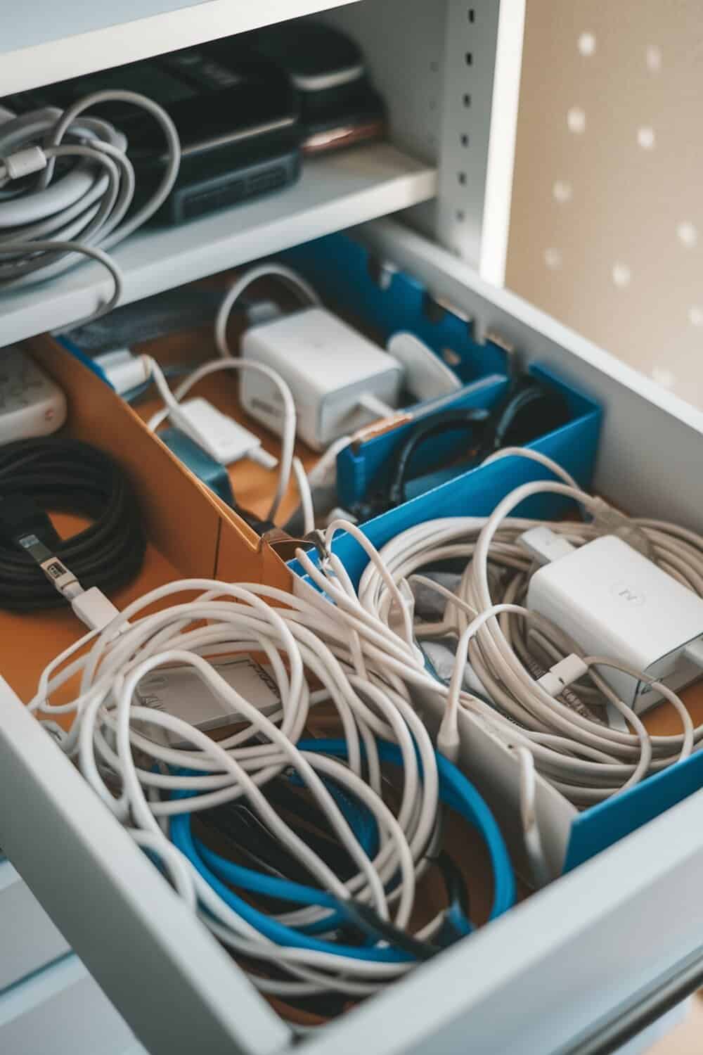 A drawer organized with cereal boxes used as dividers for various cables and chargers.
