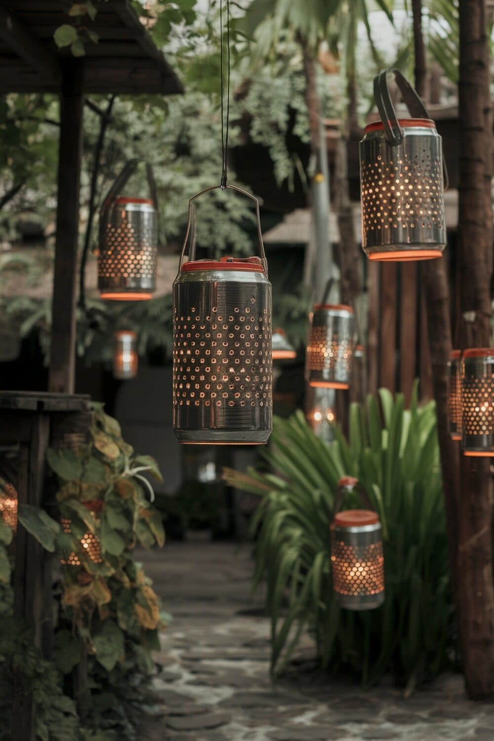 Hanging tin can lanterns illuminated at night