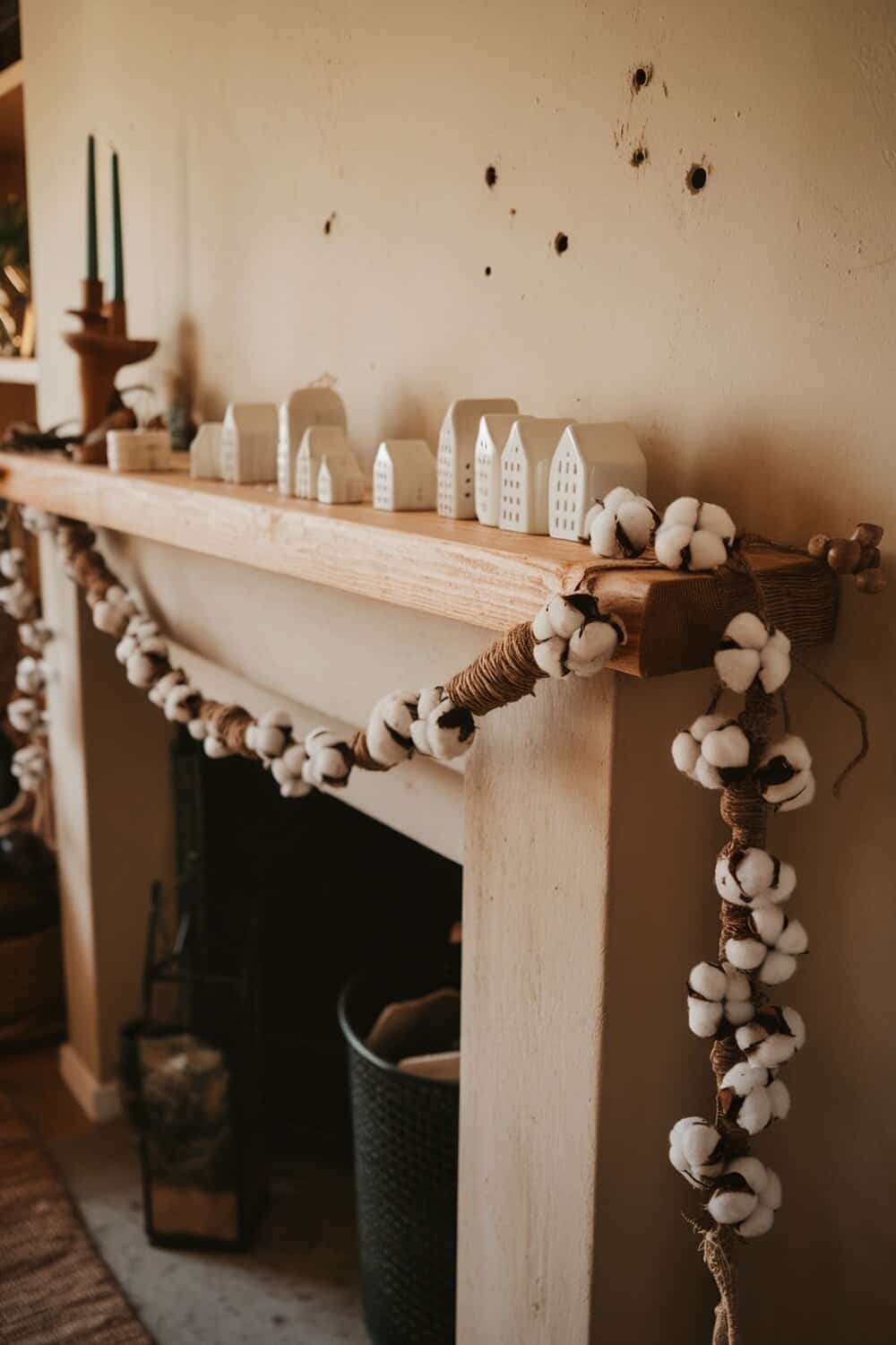 A cozy mantel decorated with a natural cotton and twine garland, featuring small white ceramic houses.
