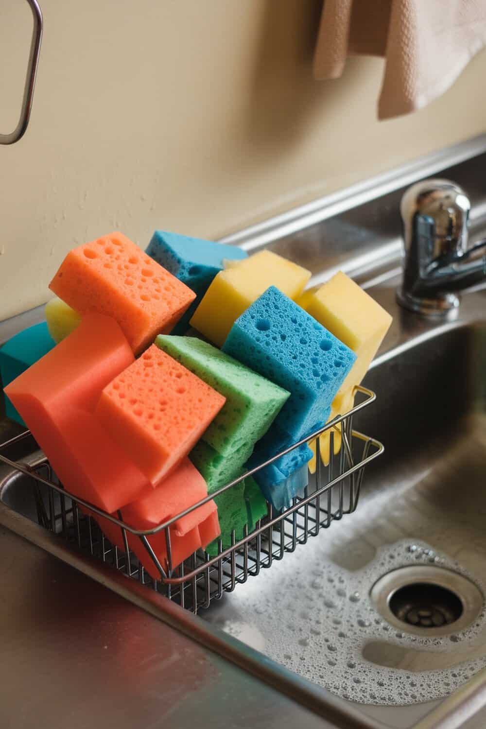 A variety of colorful sponges in a basket by a sink.
