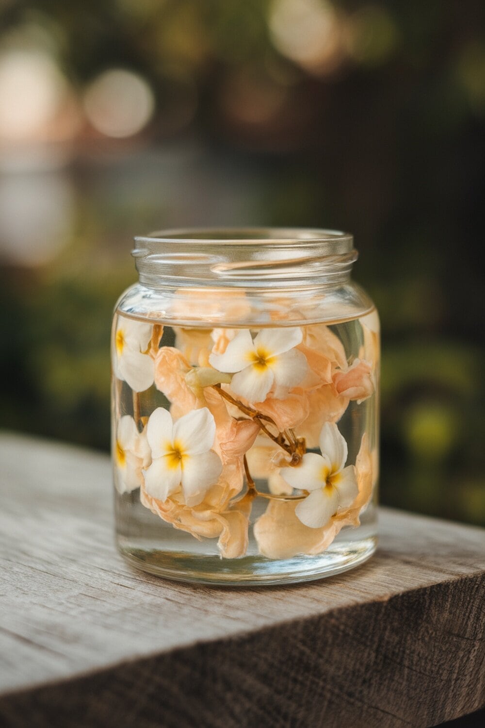 A jar filled with jasmine flowers and water, sitting on a wooden surface.