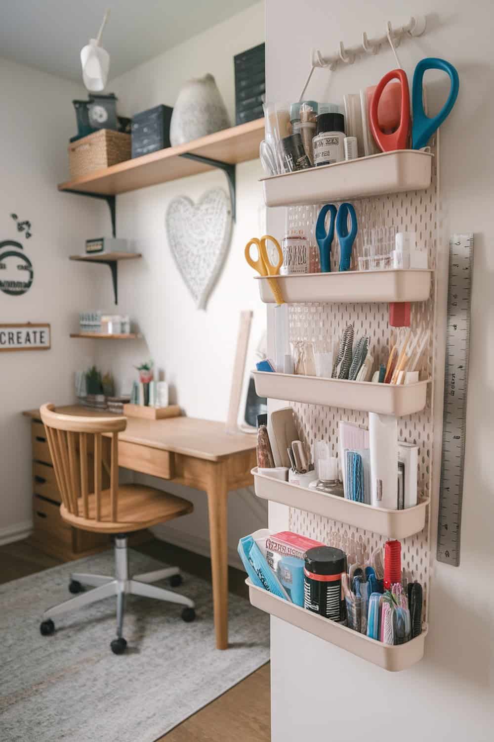 A wall-mounted shower caddy filled with various craft supplies like scissors, glue, and markers.