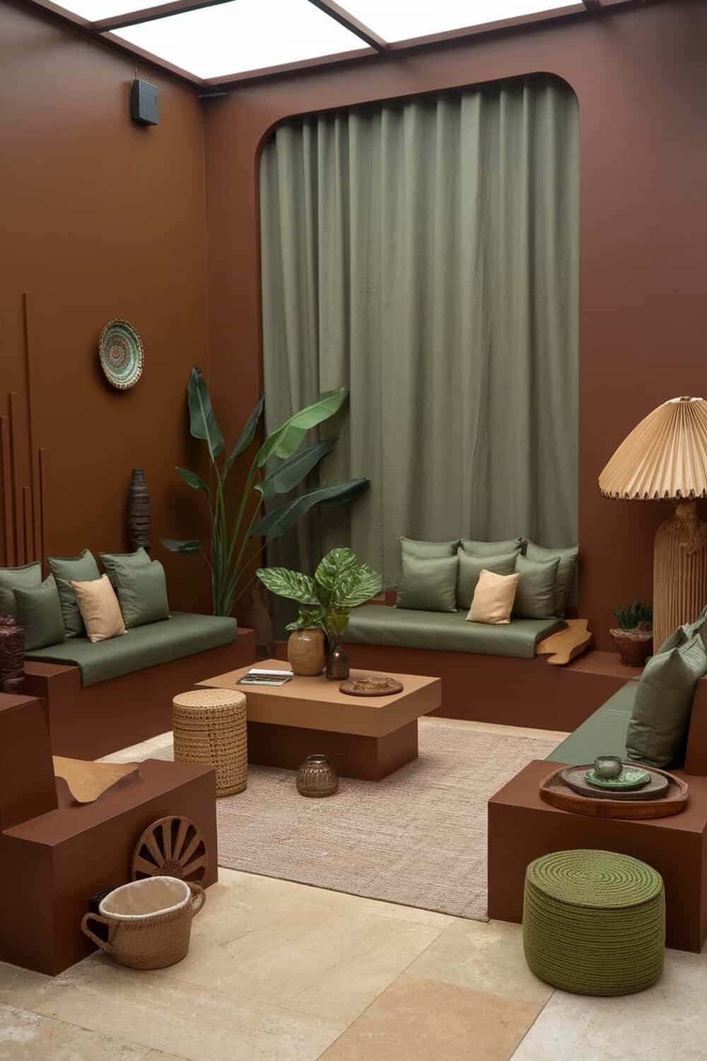A cozy living space with earthy tones, featuring green cushions, brown walls, and natural decor elements.