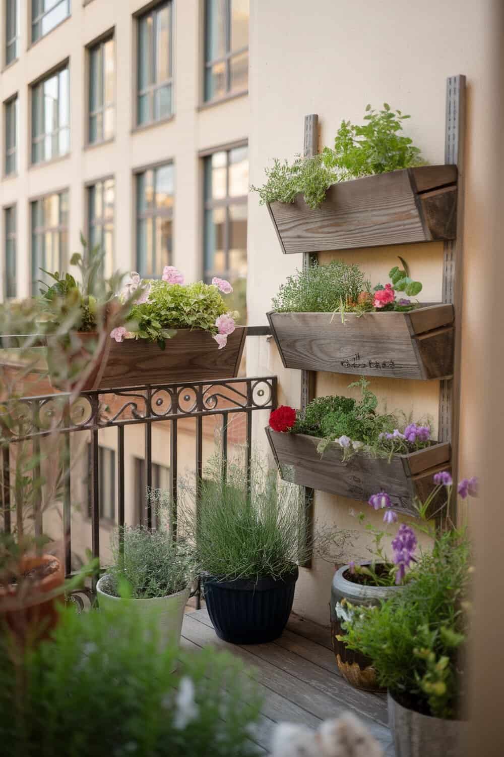 Vertical garden planters on a balcony with various plants and flowers.