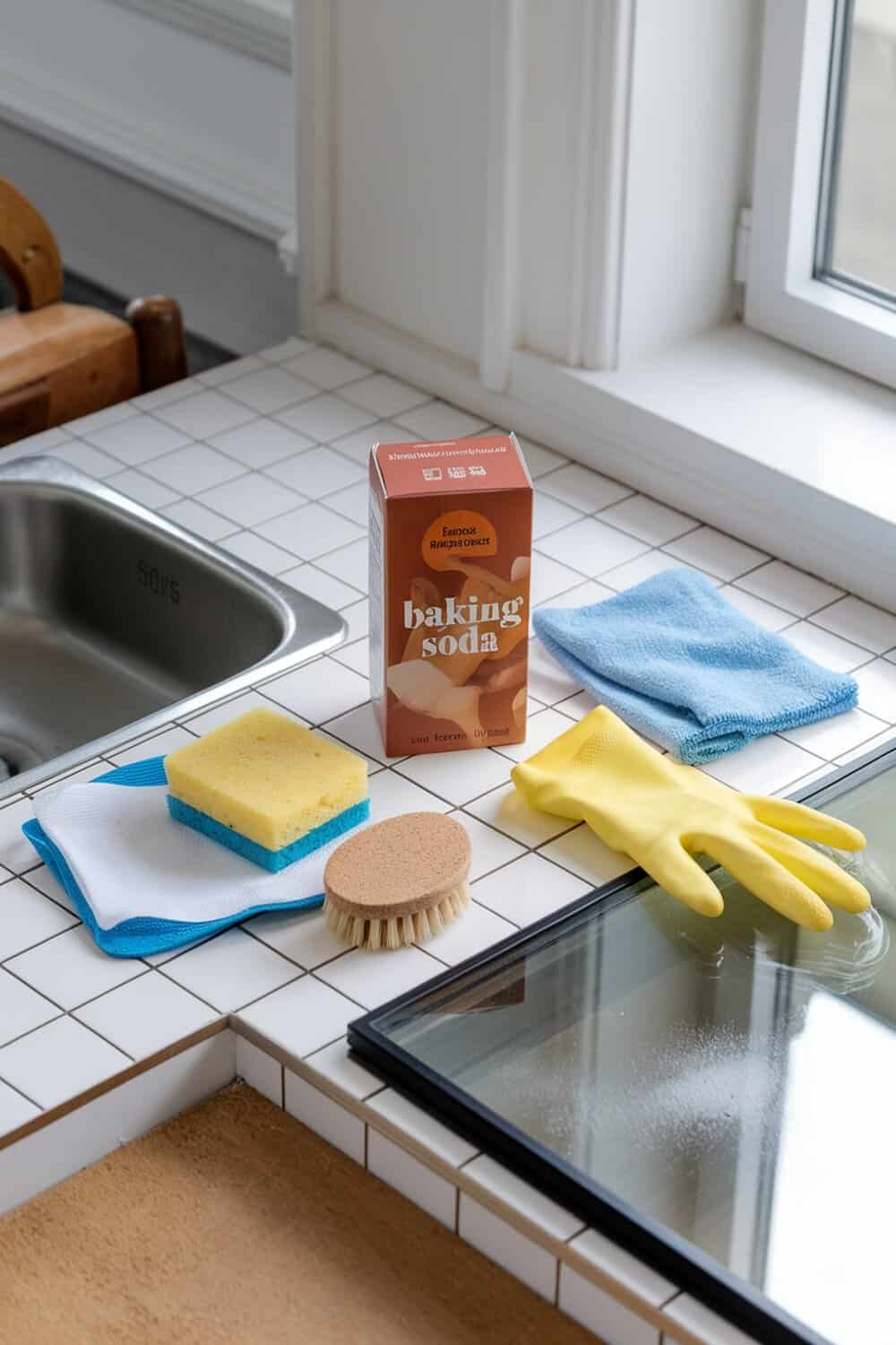 A box of baking soda surrounded by cleaning supplies on a kitchen counter.
