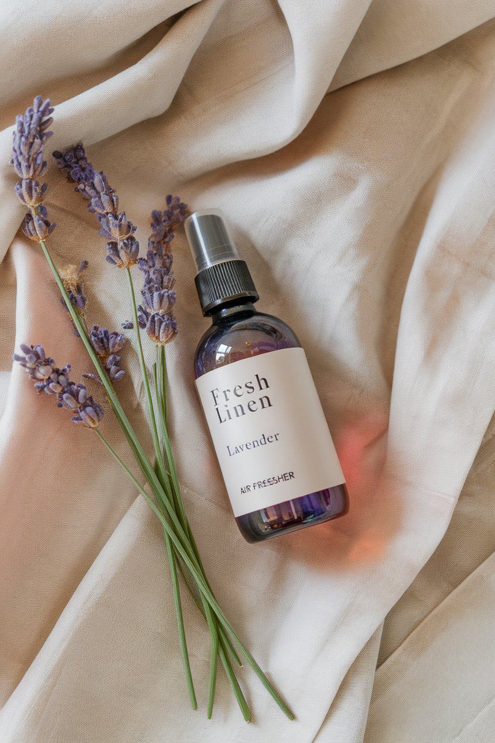 A bottle of Fresh Linen air freshener next to lavender sprigs on a fabric background.