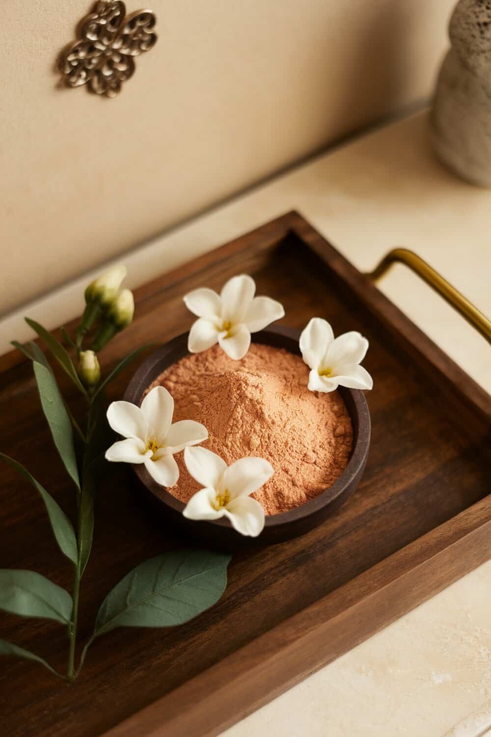 A bowl of sandalwood powder surrounded by jasmine flowers on a wooden tray.
