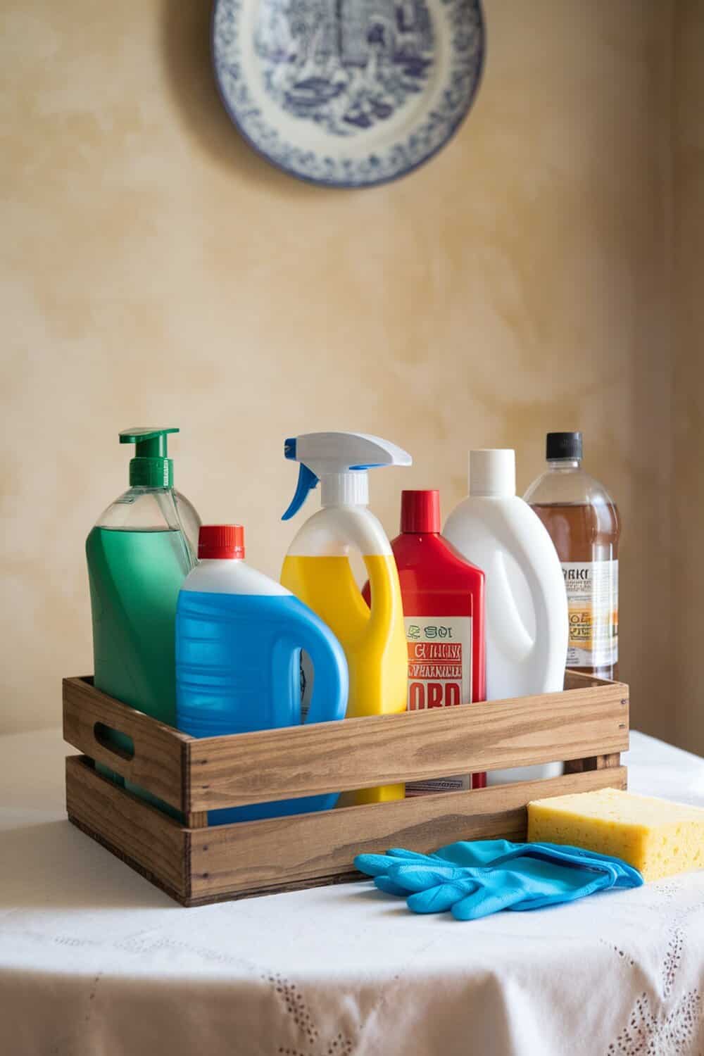 A wooden caddy filled with various cleaning supplies, including bottles of cleaner, a sponge, and rubber gloves.