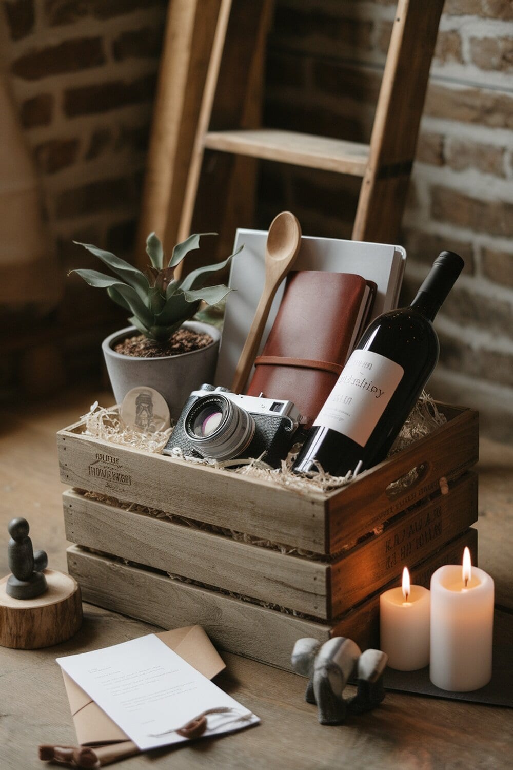 A wooden crate filled with a camera, wine bottle, notebook, plant, and candles.