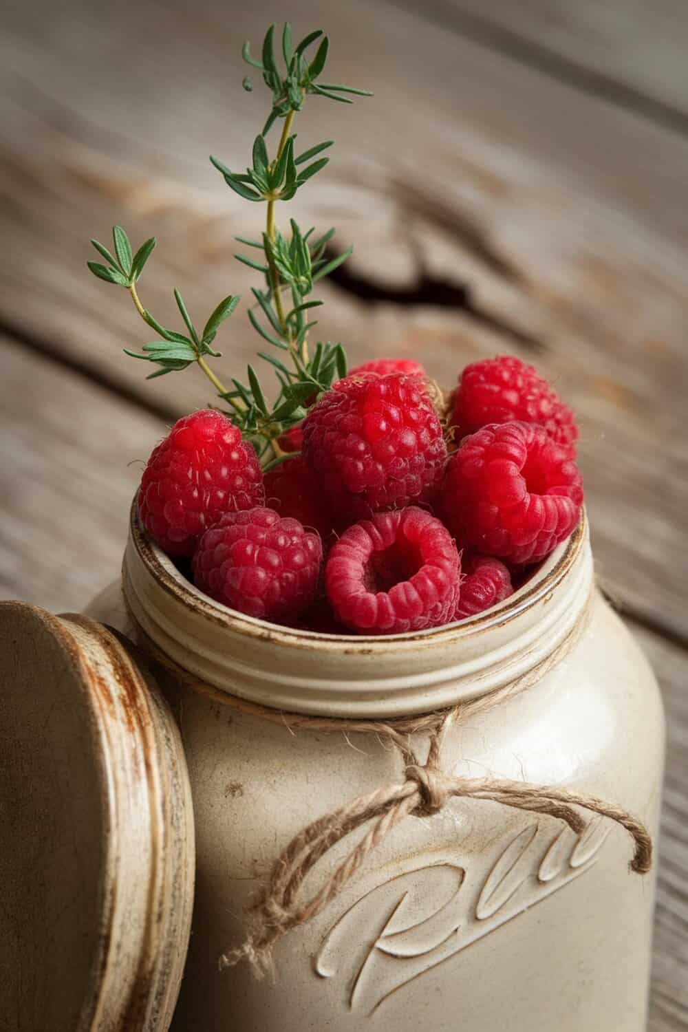 A jar filled with fresh raspberries and a sprig of thyme on a wooden surface.