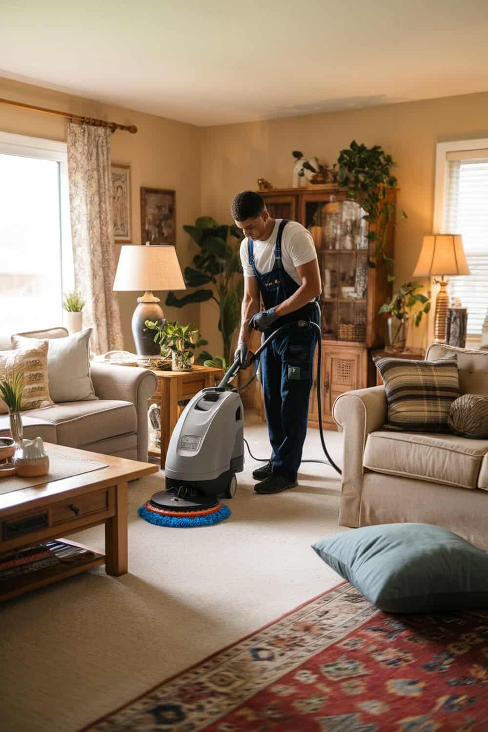 A person cleaning carpet in a cozy living room.