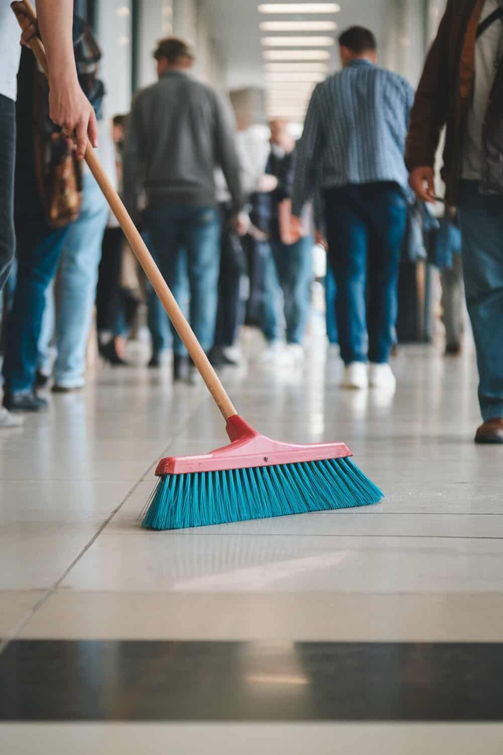 A person sweeping a busy hallway with a broom.