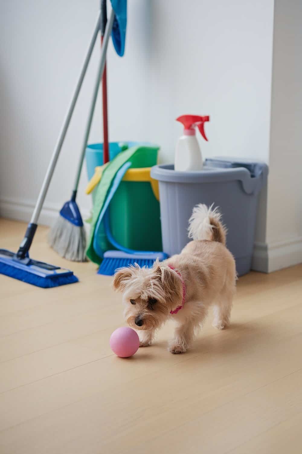 A small dog playing with a pink ball in a room with cleaning supplies.