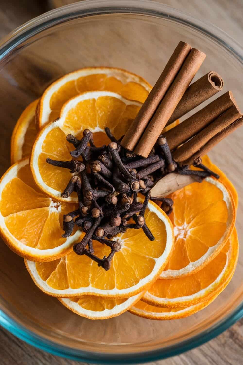 A bowl filled with dried orange slices, cinnamon sticks, and cloves.