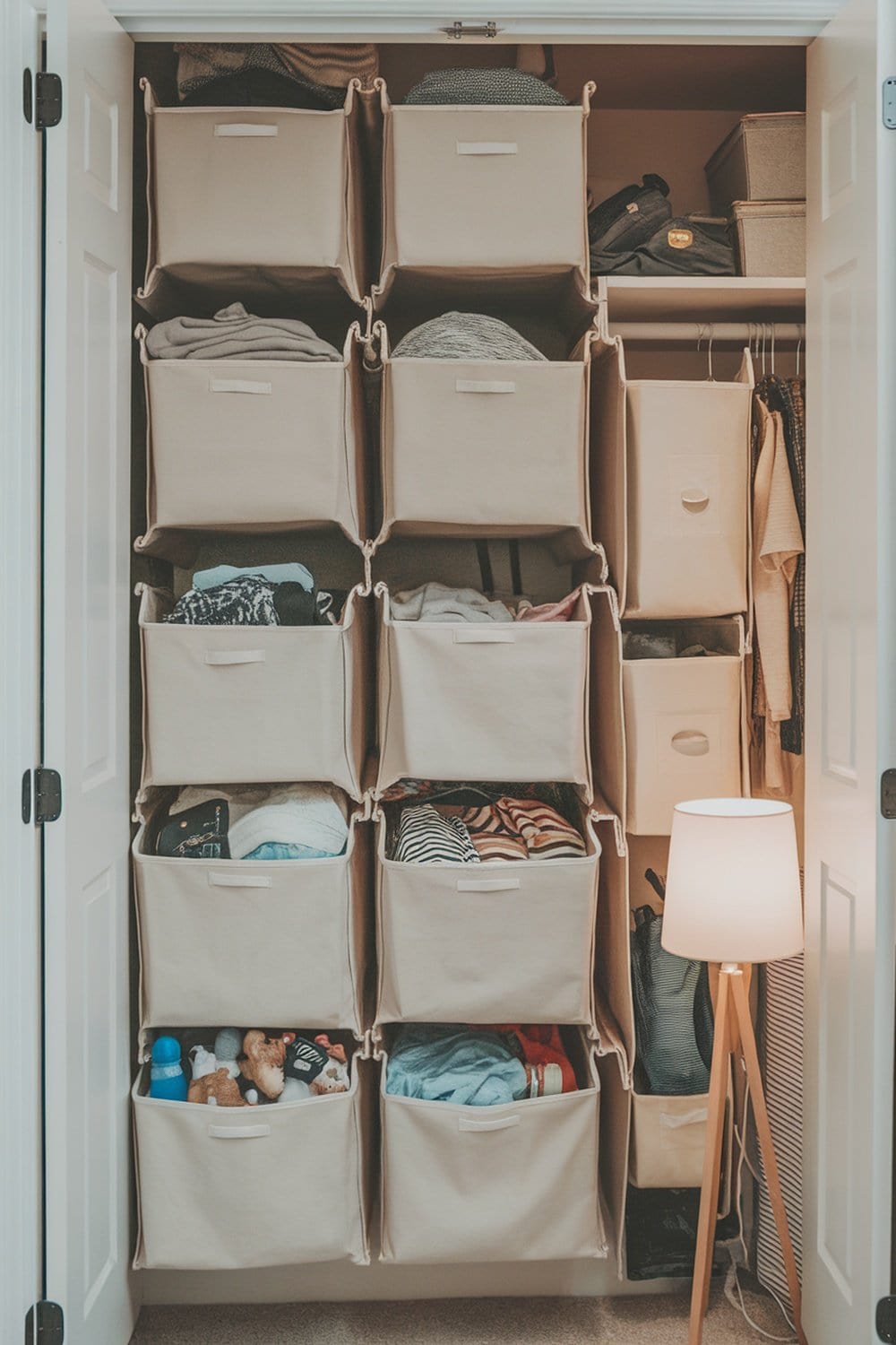 A closet with multiple foldable fabric storage bins filled with clothes.