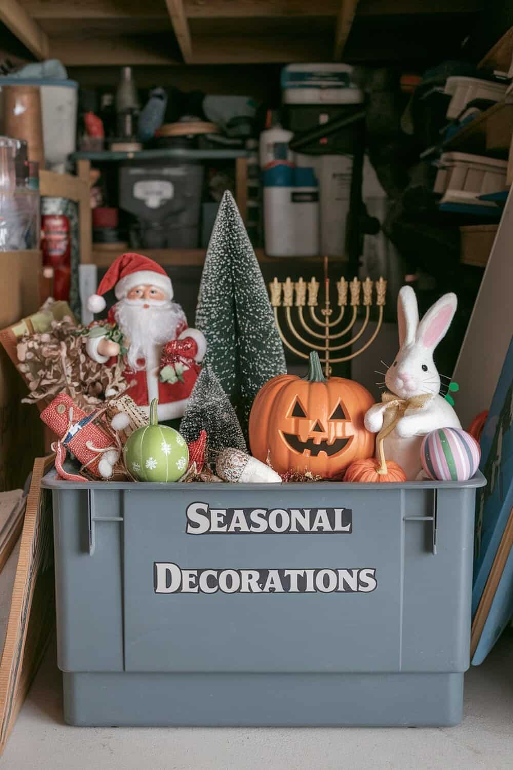 A gray storage bin labeled 'Seasonal Decorations' filled with various holiday items like Santa, a pumpkin, and a bunny.