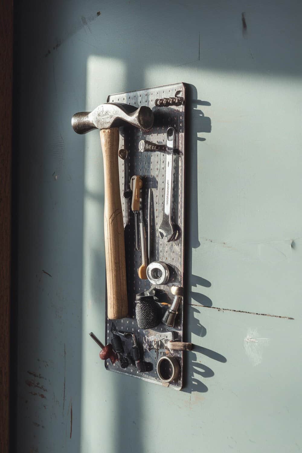 A magnetic strip holding various small tools on a wall.
