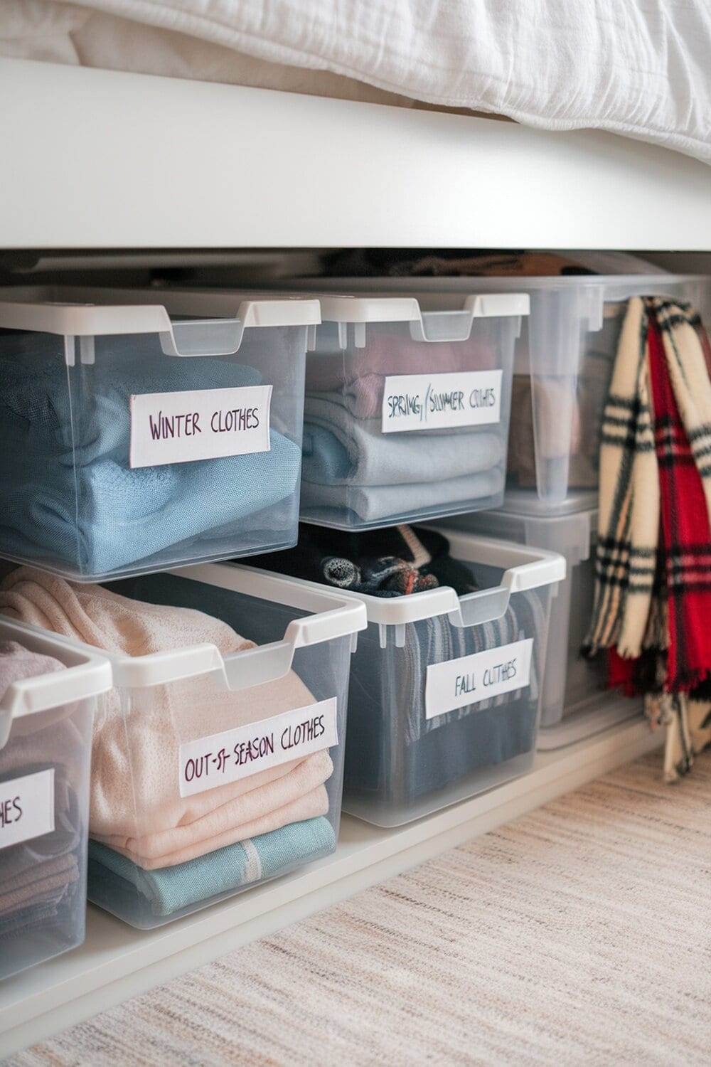 Under-bed storage bins labeled for different seasons with neatly folded clothes.