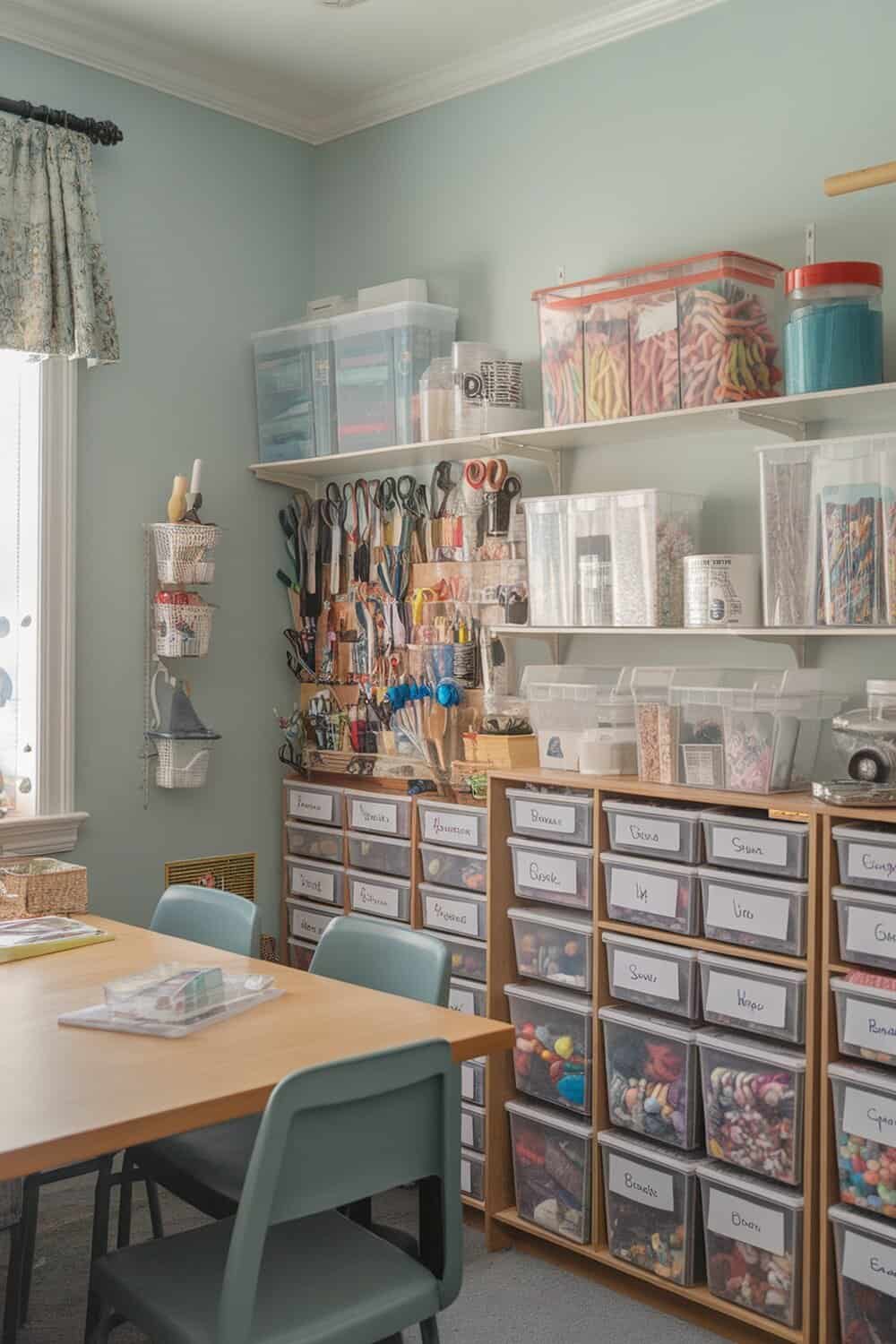 Organized craft supply room with labeled bins and shelves.