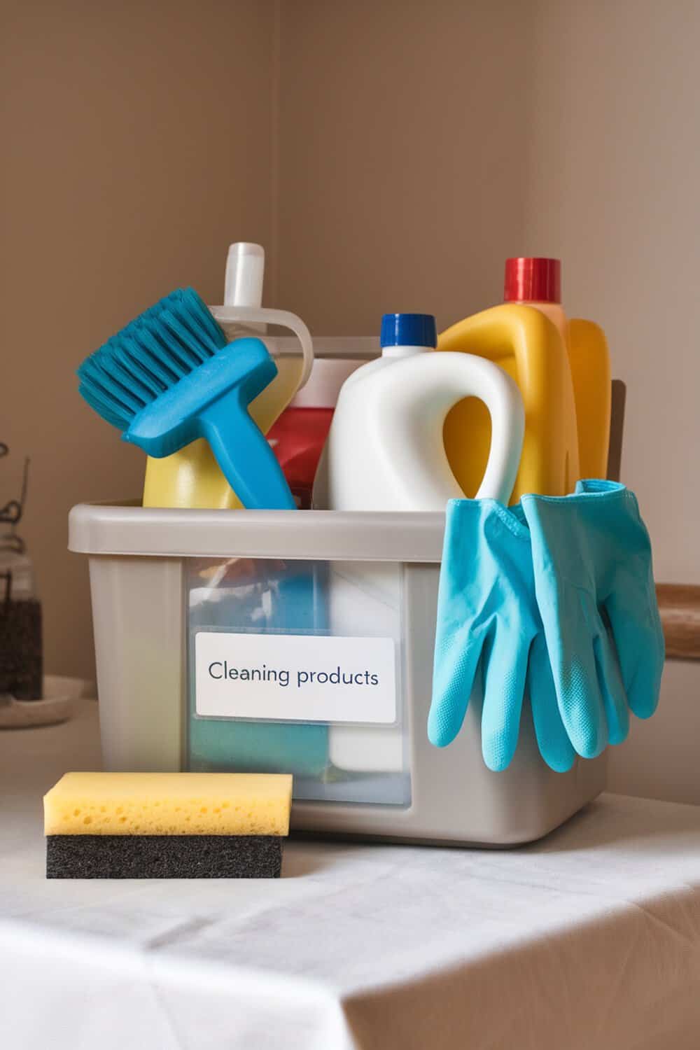 A cleaning caddy filled with various cleaning products, sponges, and gloves.