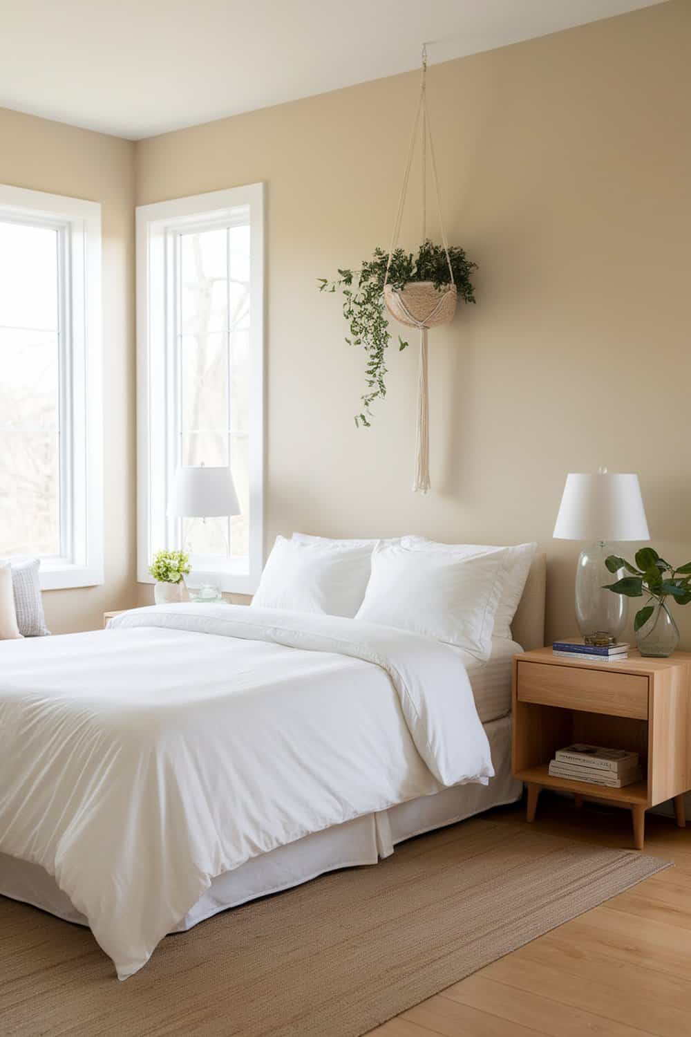 A serene bedroom with white bedding, natural light, and hanging plants.