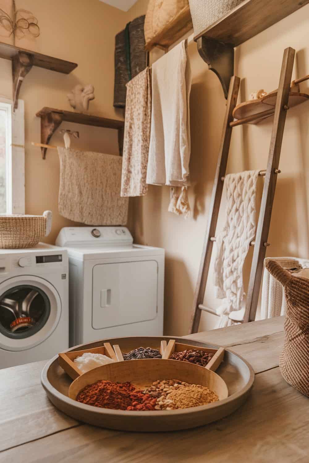 A cozy laundry room with spices arranged on a wooden tray.