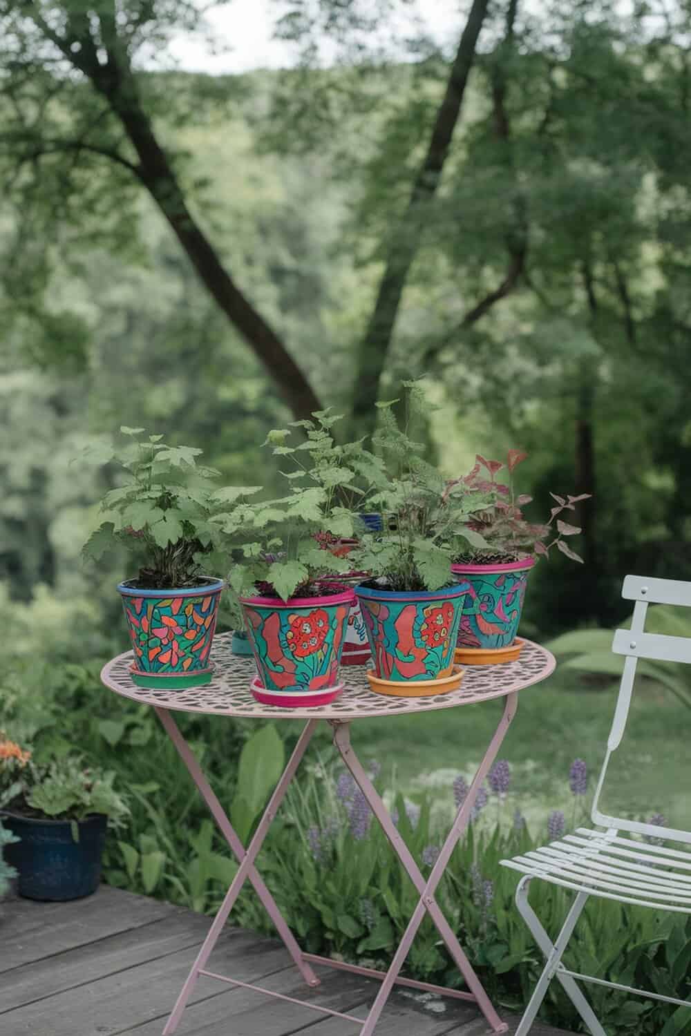 Colorful custom painted plant pots on a table outdoors.