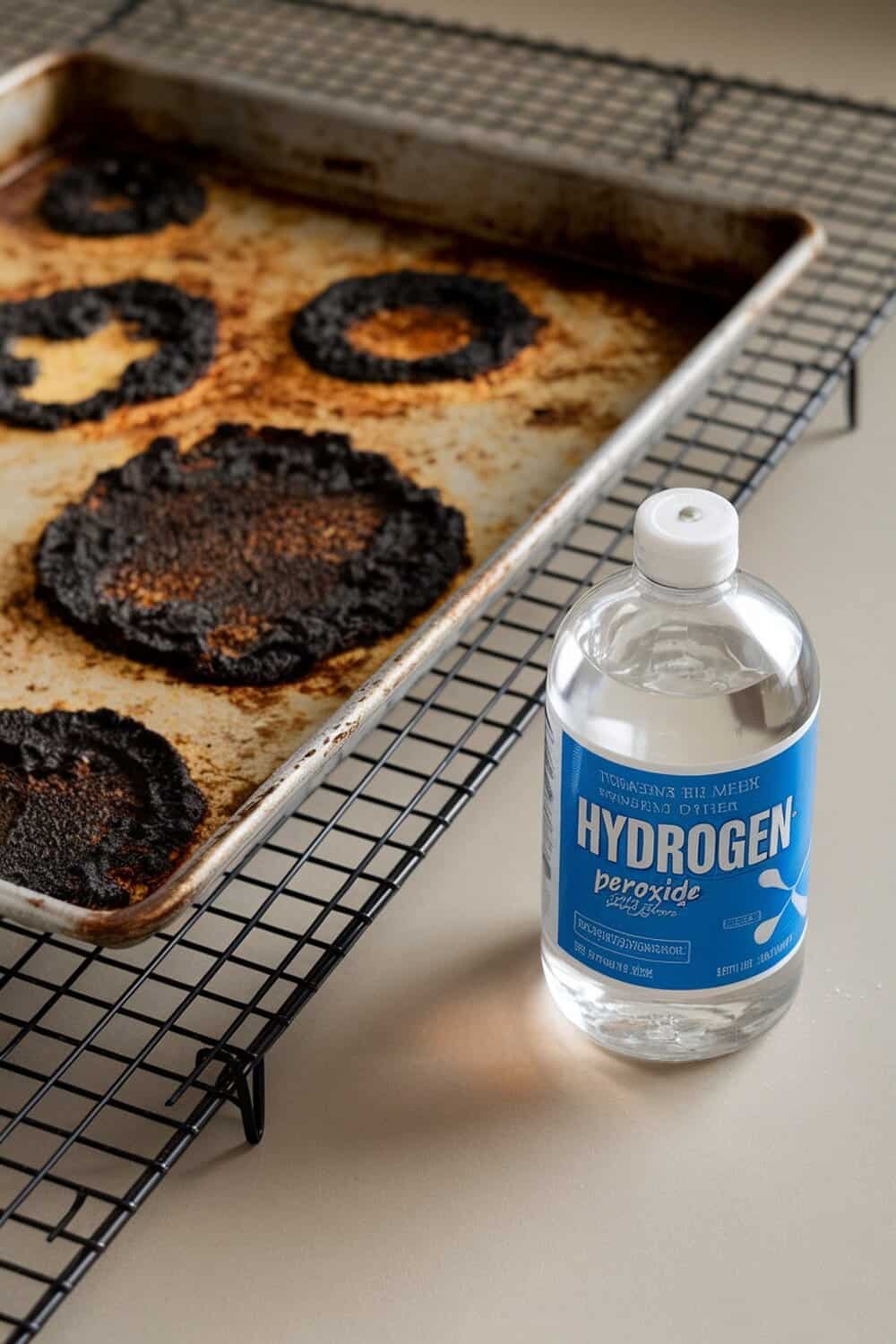 A dirty cookie sheet with burnt spots next to a bottle of hydrogen peroxide.