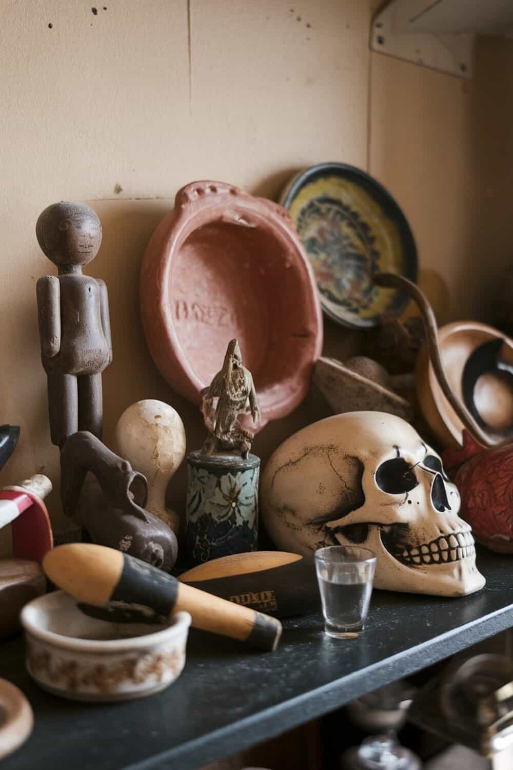 A collection of old travel souvenirs displayed on a shelf, including a wooden figure, a skull, and various decorative items.
