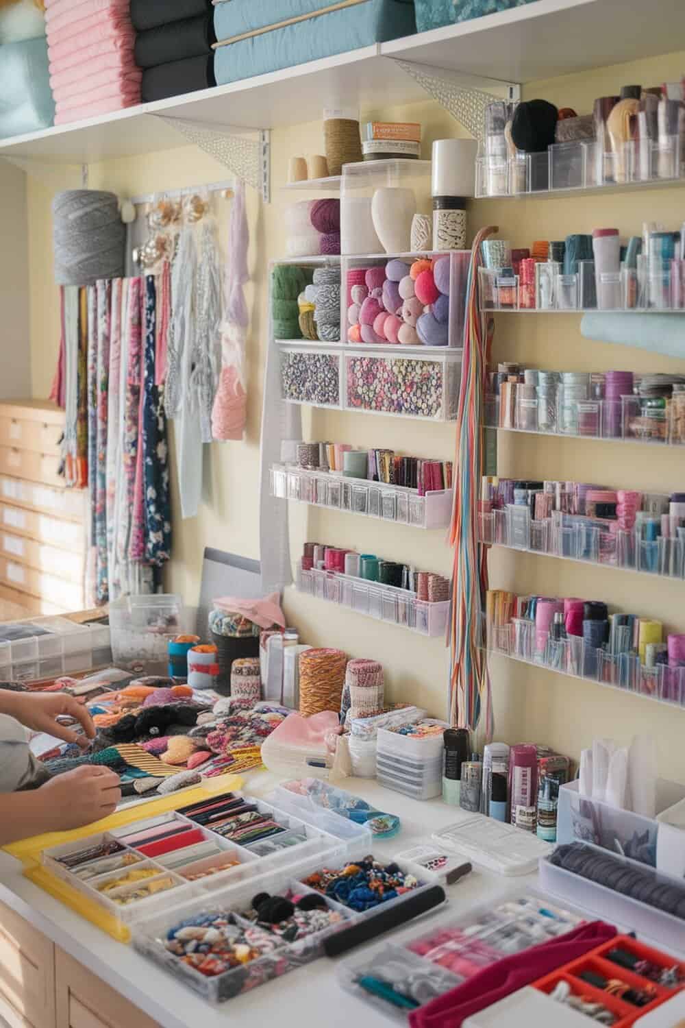 A well-organized craft supply area with colorful materials and neatly arranged containers.