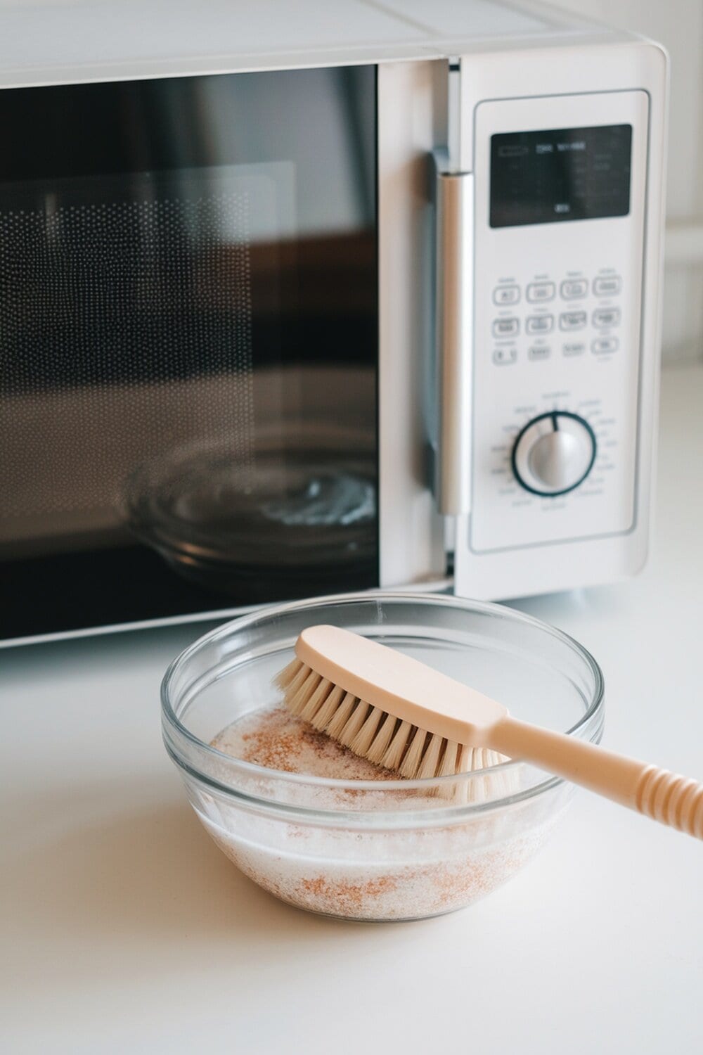 A bowl of salt with a brush next to a microwave.