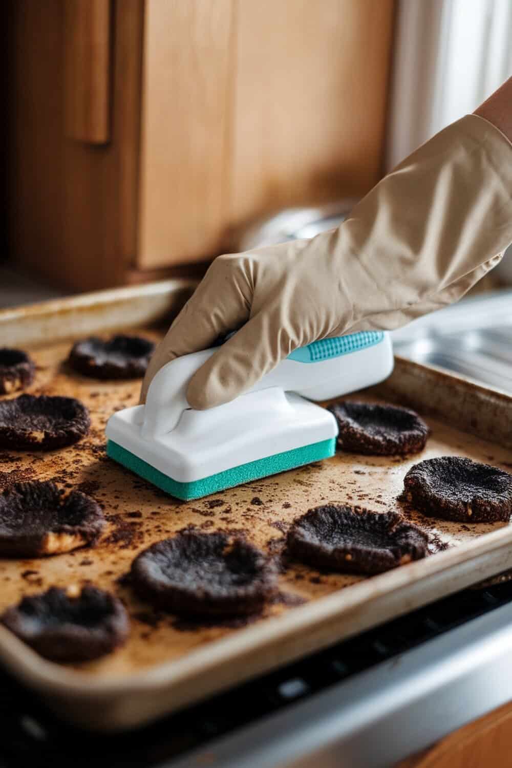 A person using a Magic Eraser on a dirty cookie sheet with burnt cookies.