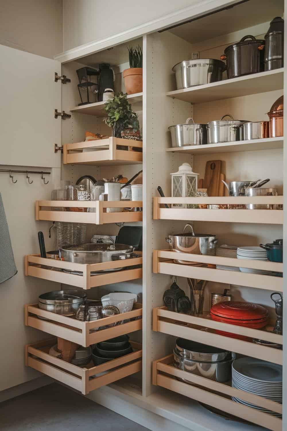 A kitchen cabinet with sliding shelves filled with pots, pans, and kitchen items.