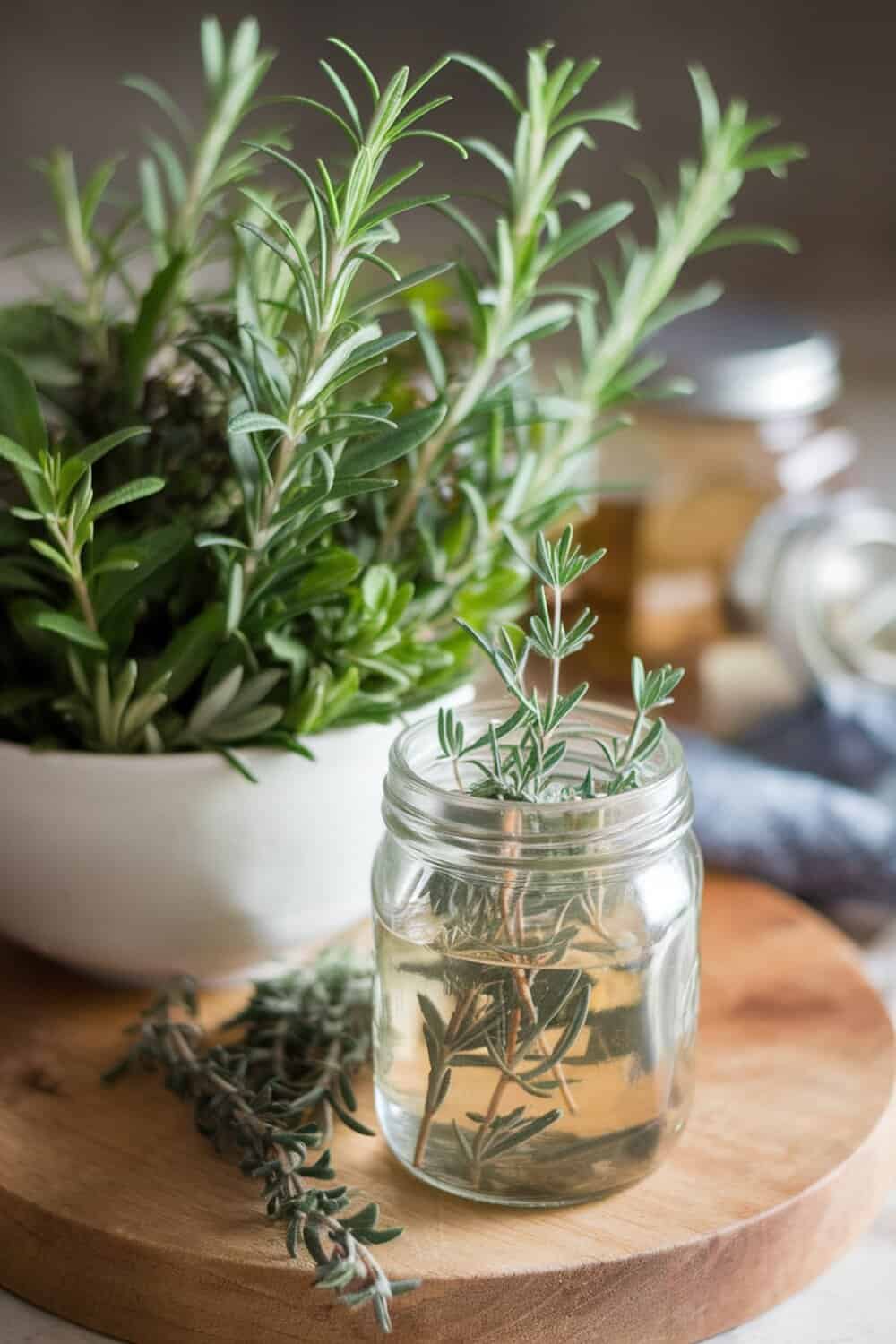 A jar of rosemary and thyme with fresh herbs in the background.