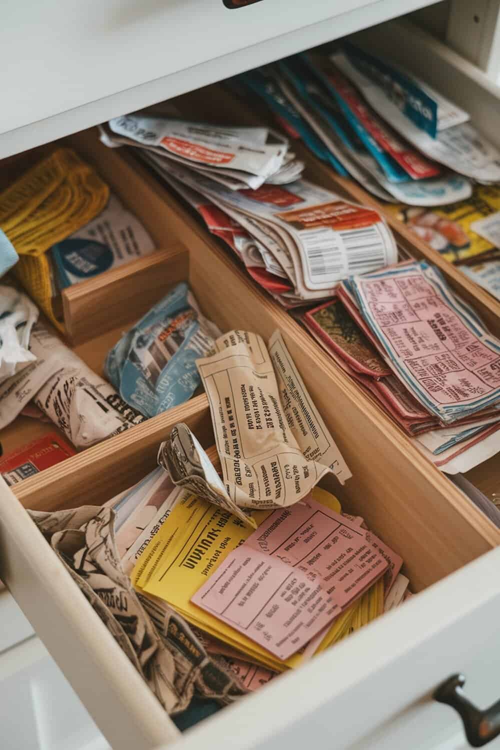A cluttered drawer filled with expired coupons and papers.