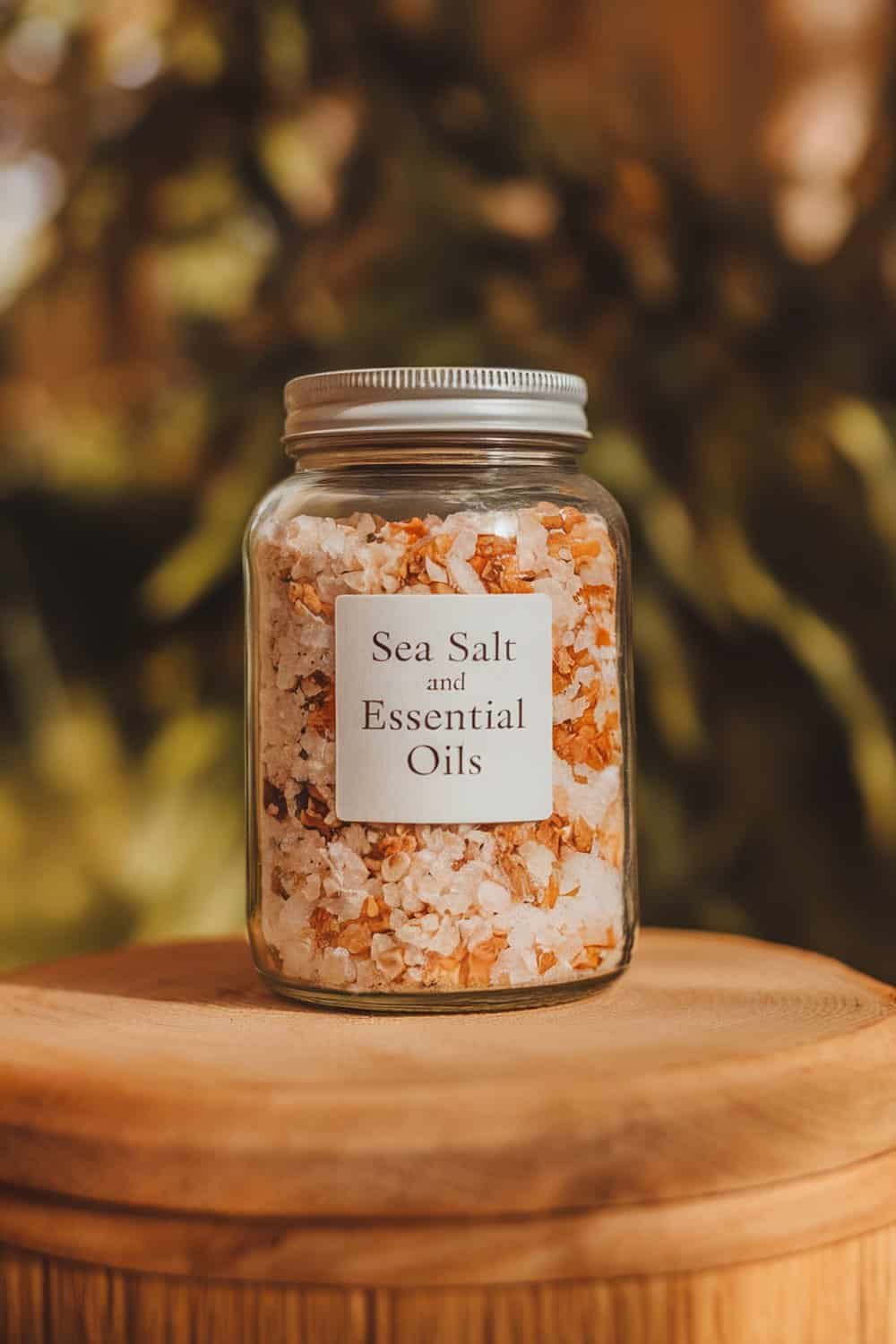 A jar of sea salt mixed with essential oils on a wooden surface.