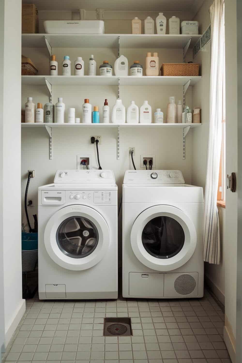 Laundry room with eco-friendly cleaning products on shelves and two washing machines.