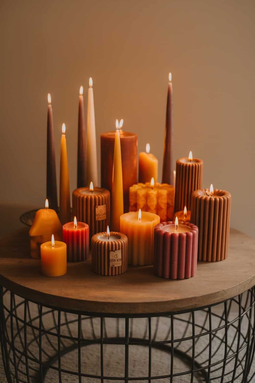 A collection of various candles in different shapes and colors on a wooden table.