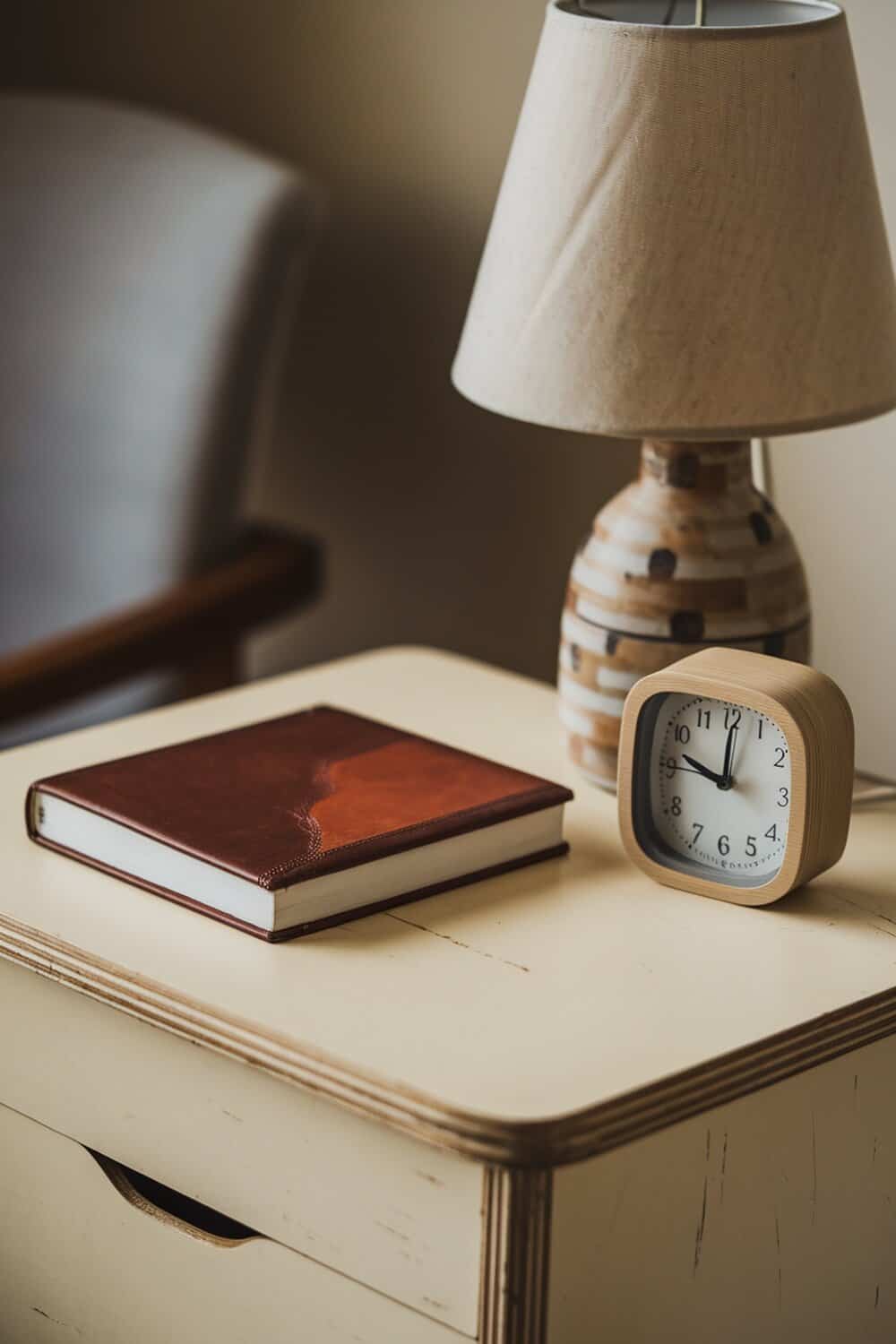 A tidy bedroom nightstand with a lamp, clock, and a book.