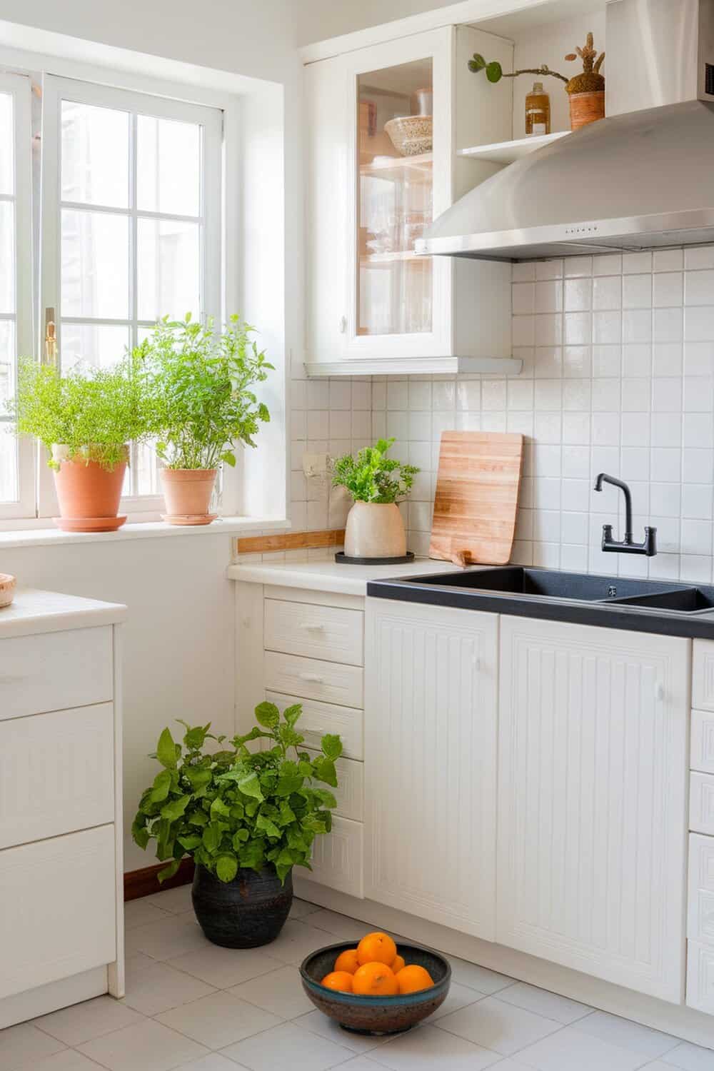 A bright kitchen with potted herbs and plants on the windowsill and a bowl of oranges on the counter.