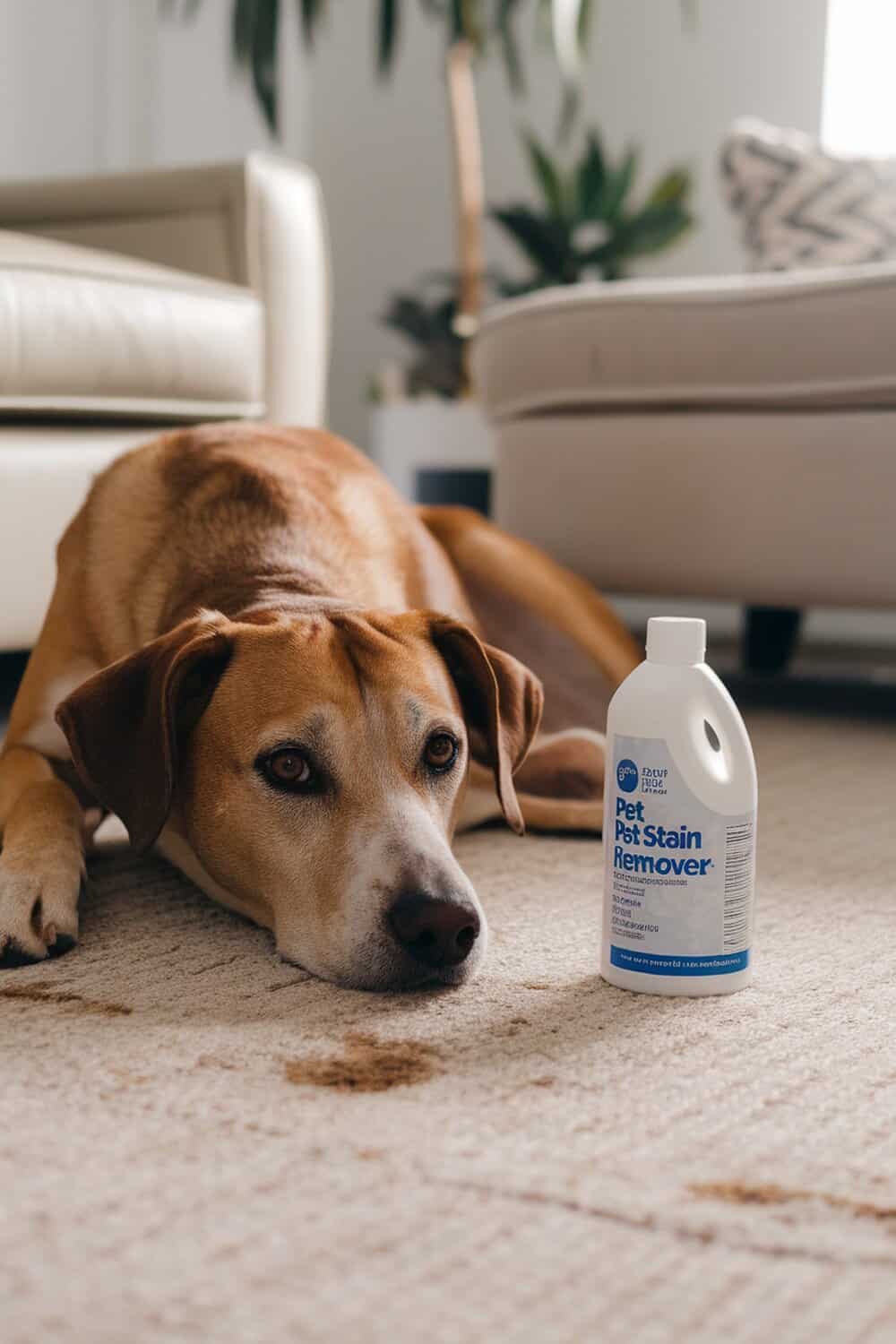 A dog lying on a carpet next to a bottle of pet stain remover.