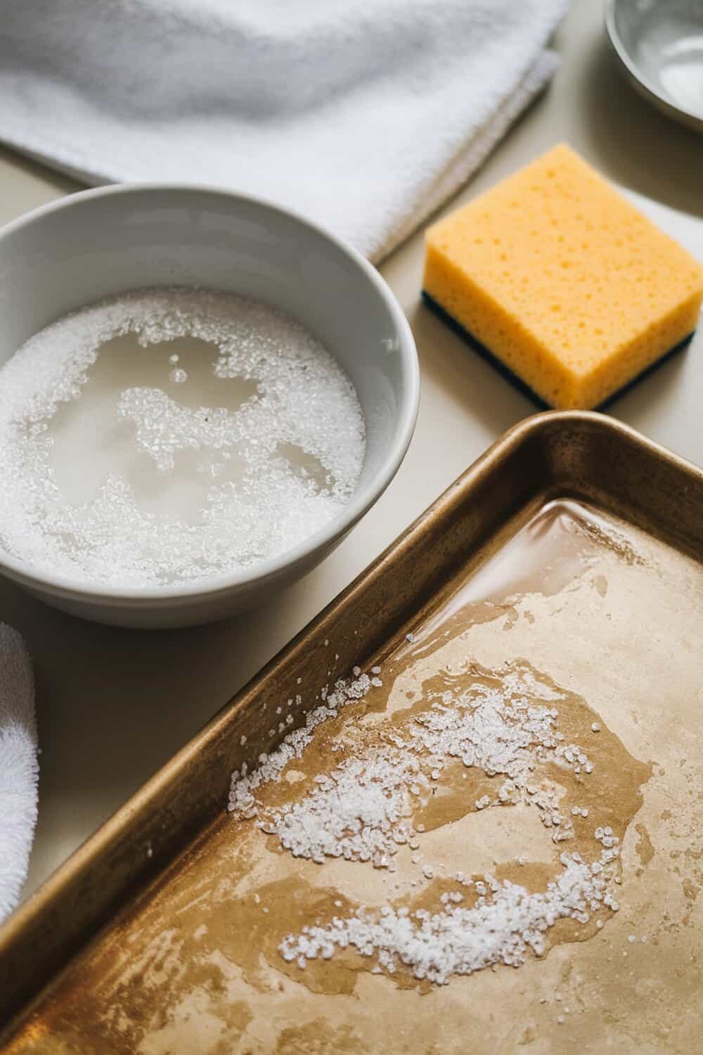 A bowl of salt and water paste next to a cookie sheet with salt sprinkled on it.