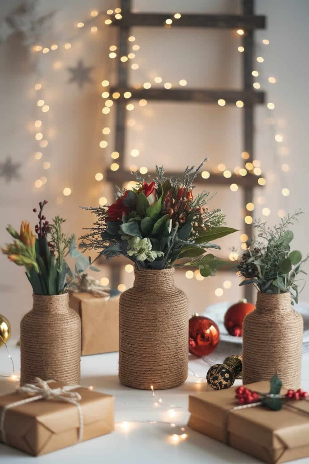 Three vases wrapped in jute twine with flowers, surrounded by Christmas decorations.