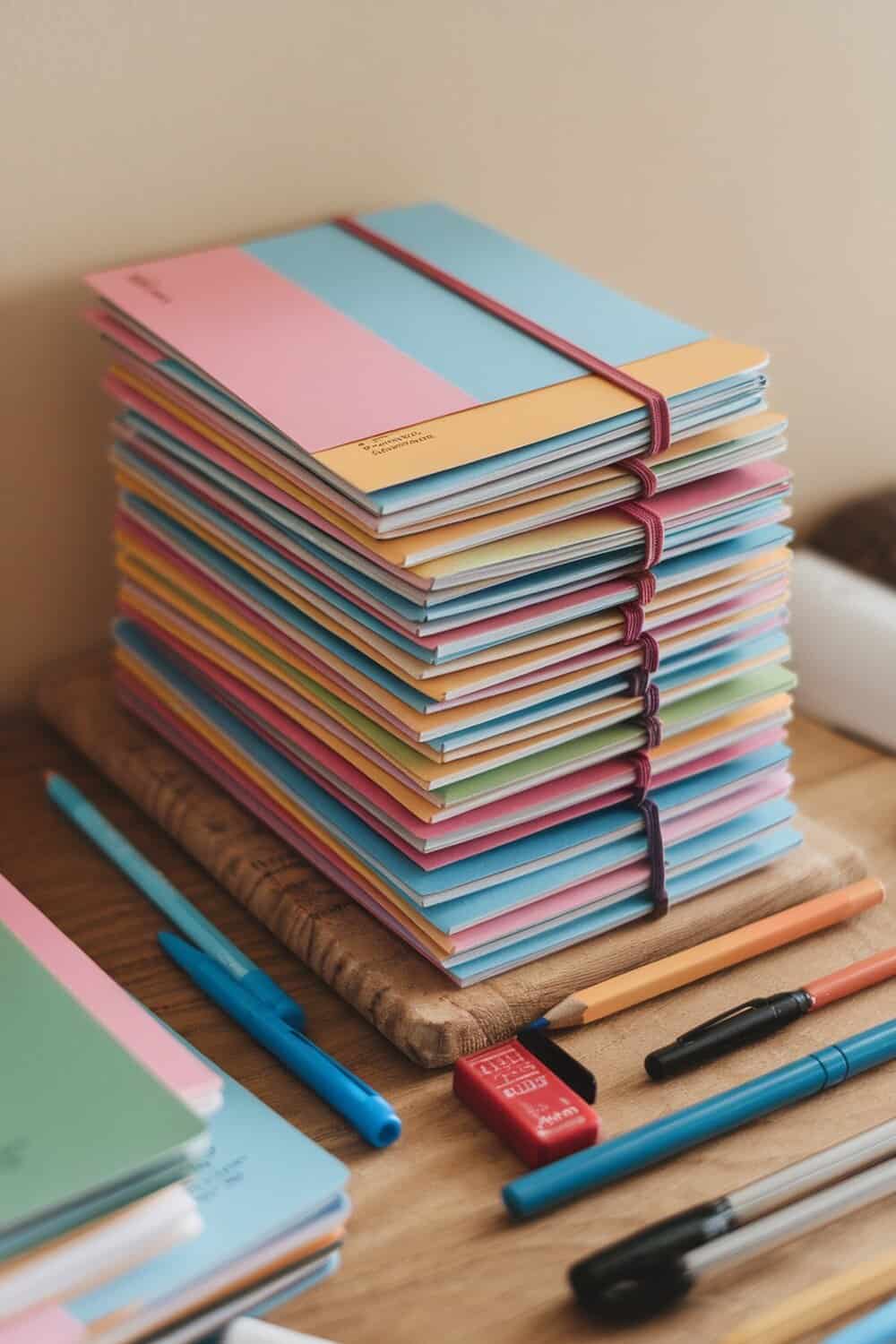 A stack of colorful recycled paper notebooks on a wooden surface with pens and pencils.