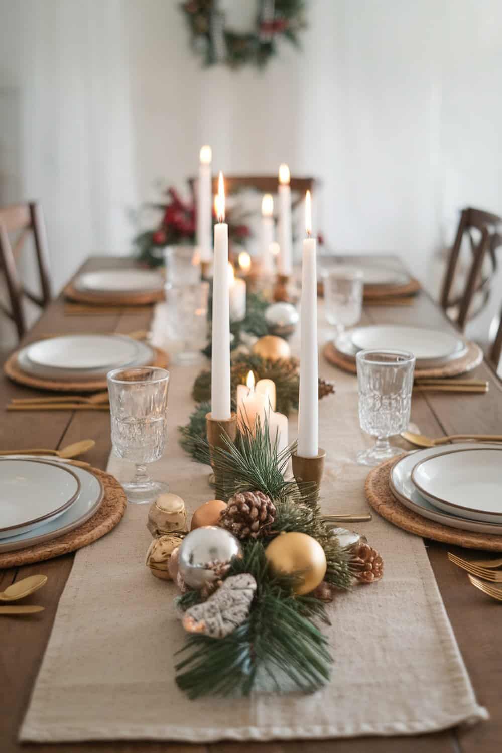A beautifully set table with a natural fabric table runner, candles, and festive decorations.