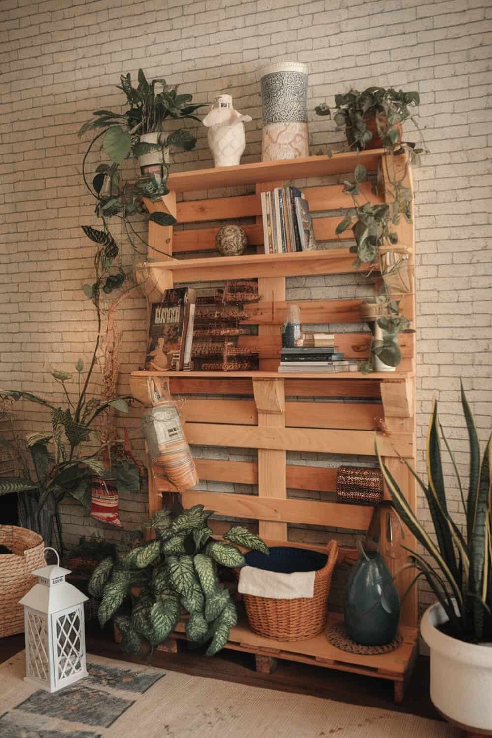 A DIY shelf made from wooden pallets, decorated with plants and books.