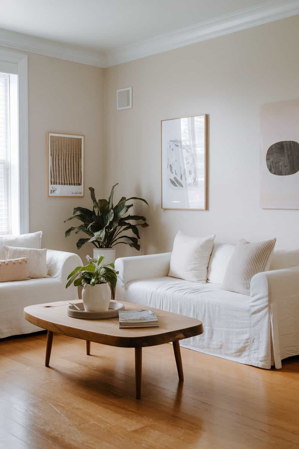 A cozy living room with white sofas, a wooden coffee table, and a plant, showcasing a tidy and organized space.